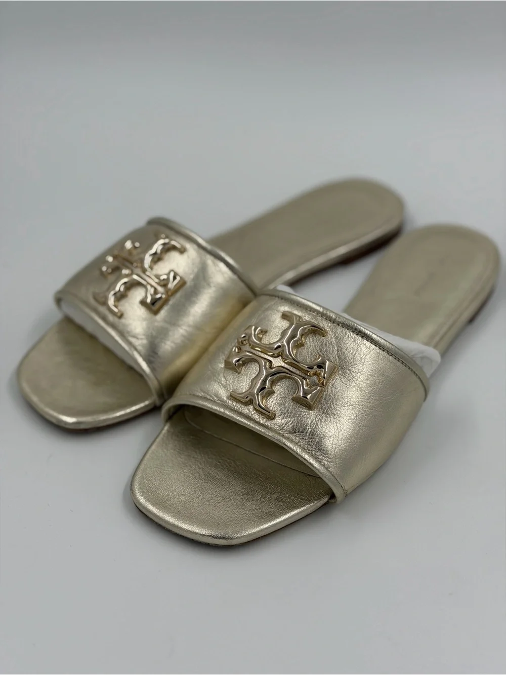 Tory Burch Metallic Gold Double T Slide Sandals – Size 8.5